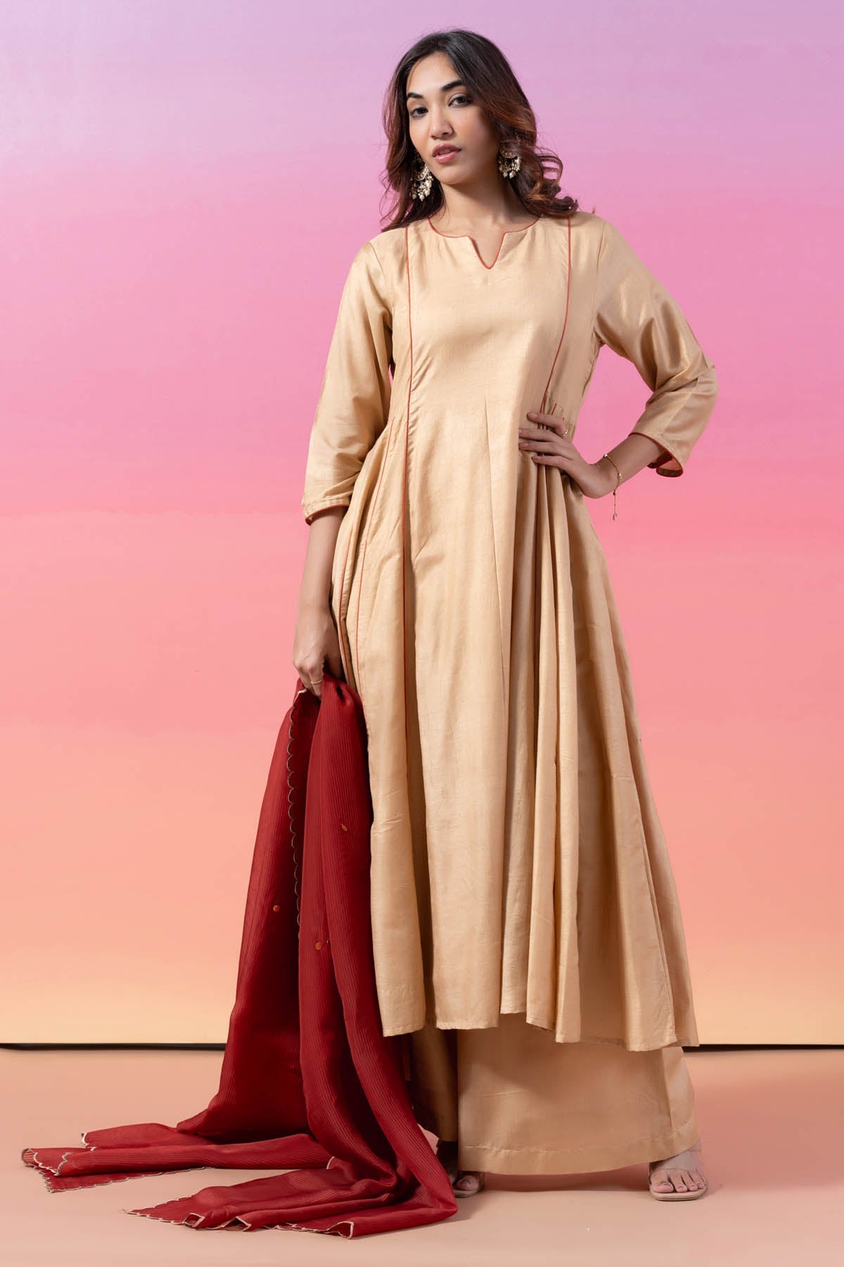 Buy Cream Silk Piping Anarkali Set Online